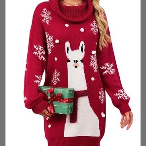Red Llama Sweater oversized mini Dress w/ Snowflakes xmas Ugly Turtleneck small